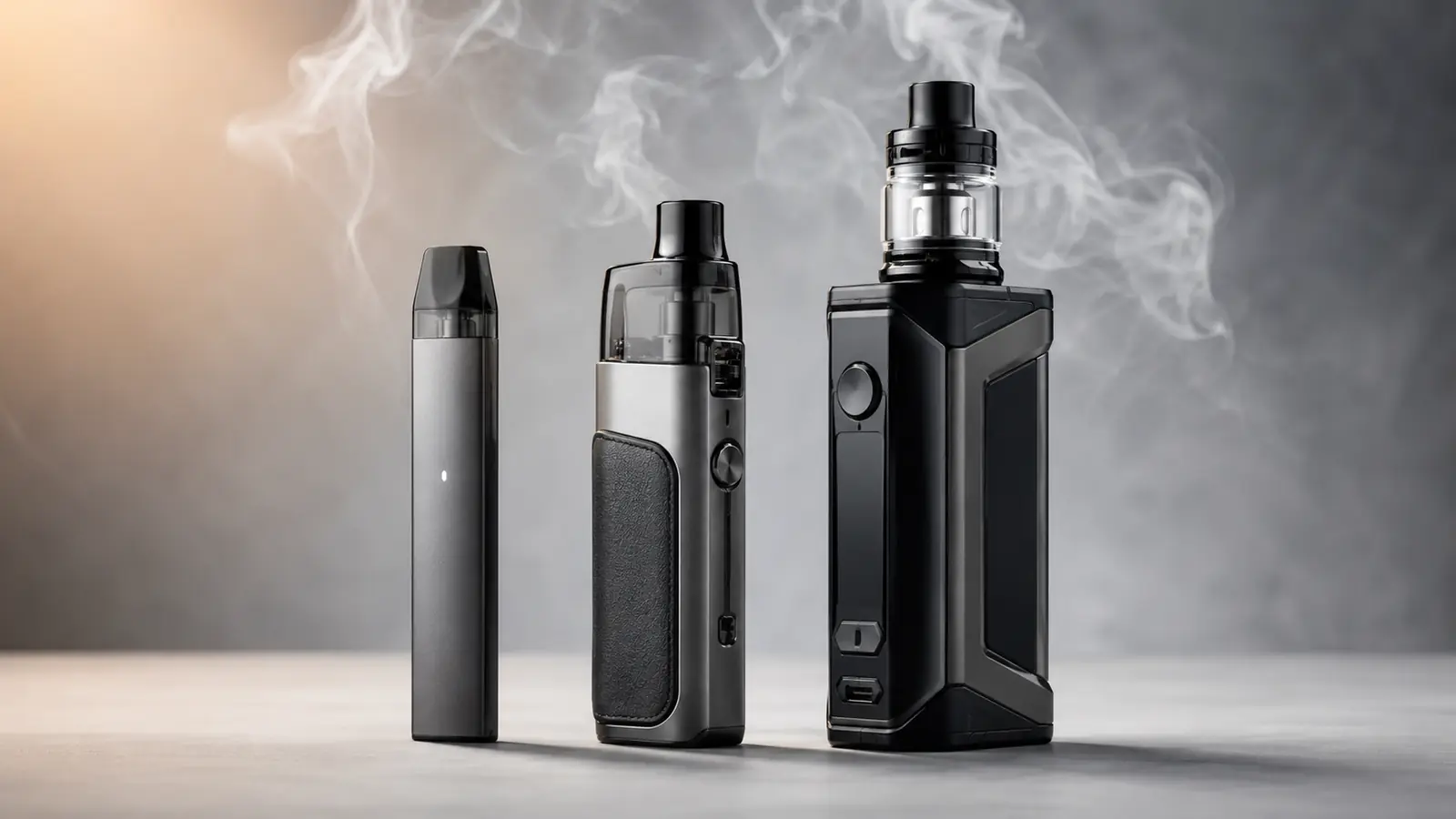 Drei E-Zigaretten im Vergleich: kompaktes Pod-System, Pod-Mod und Sub-Ohm-Box-Mod nebeneinander