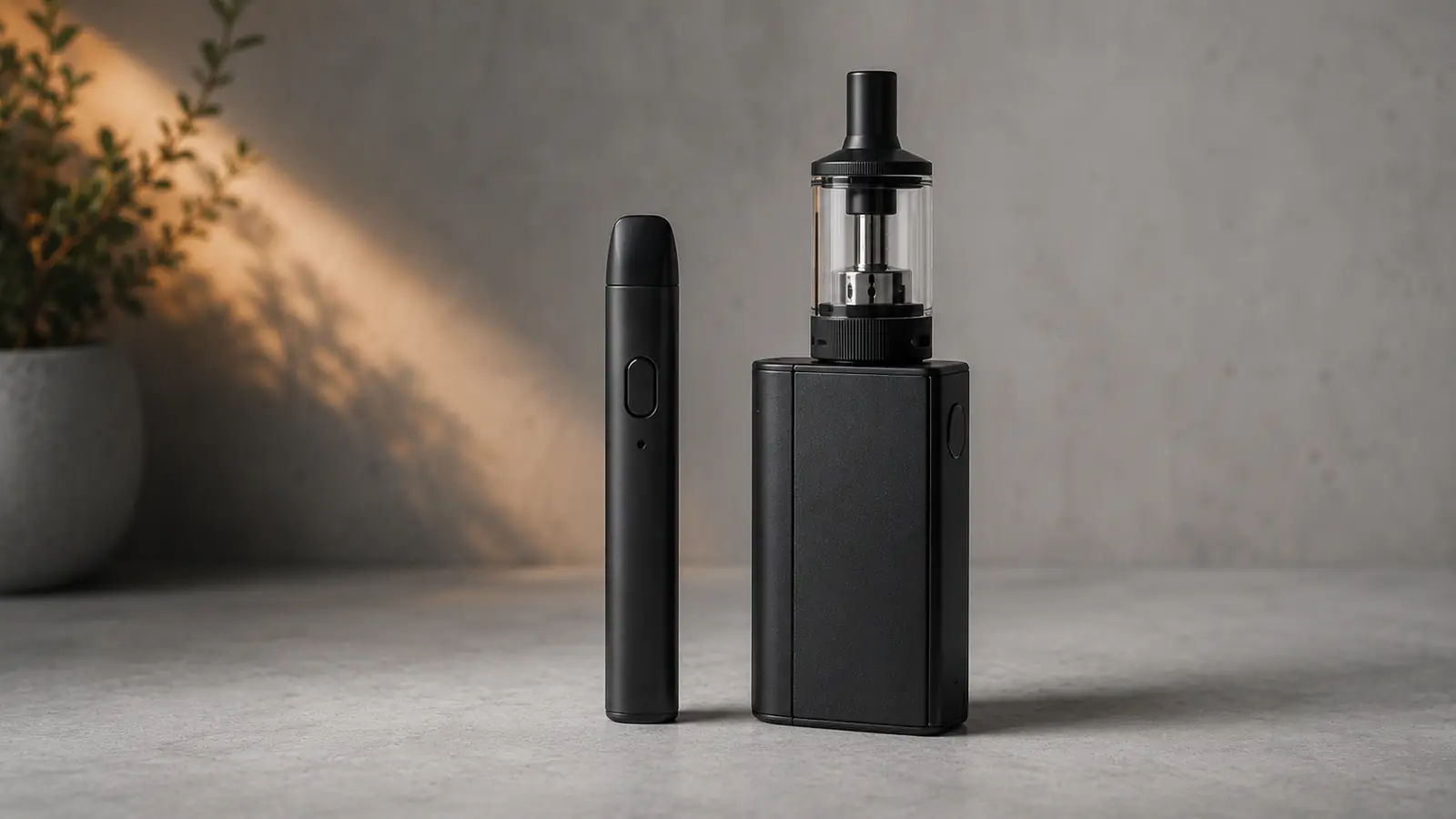 Schlankes Pod-System neben einem größeren Box-Mod mit Glastank im direkten Größenvergleich
