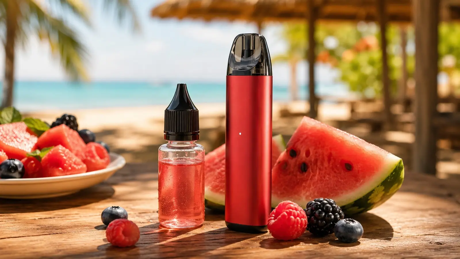 Rote Pod-E-Zigarette mit Liquid-Flasche, Wassermelone und Beeren auf Holztisch am Strand