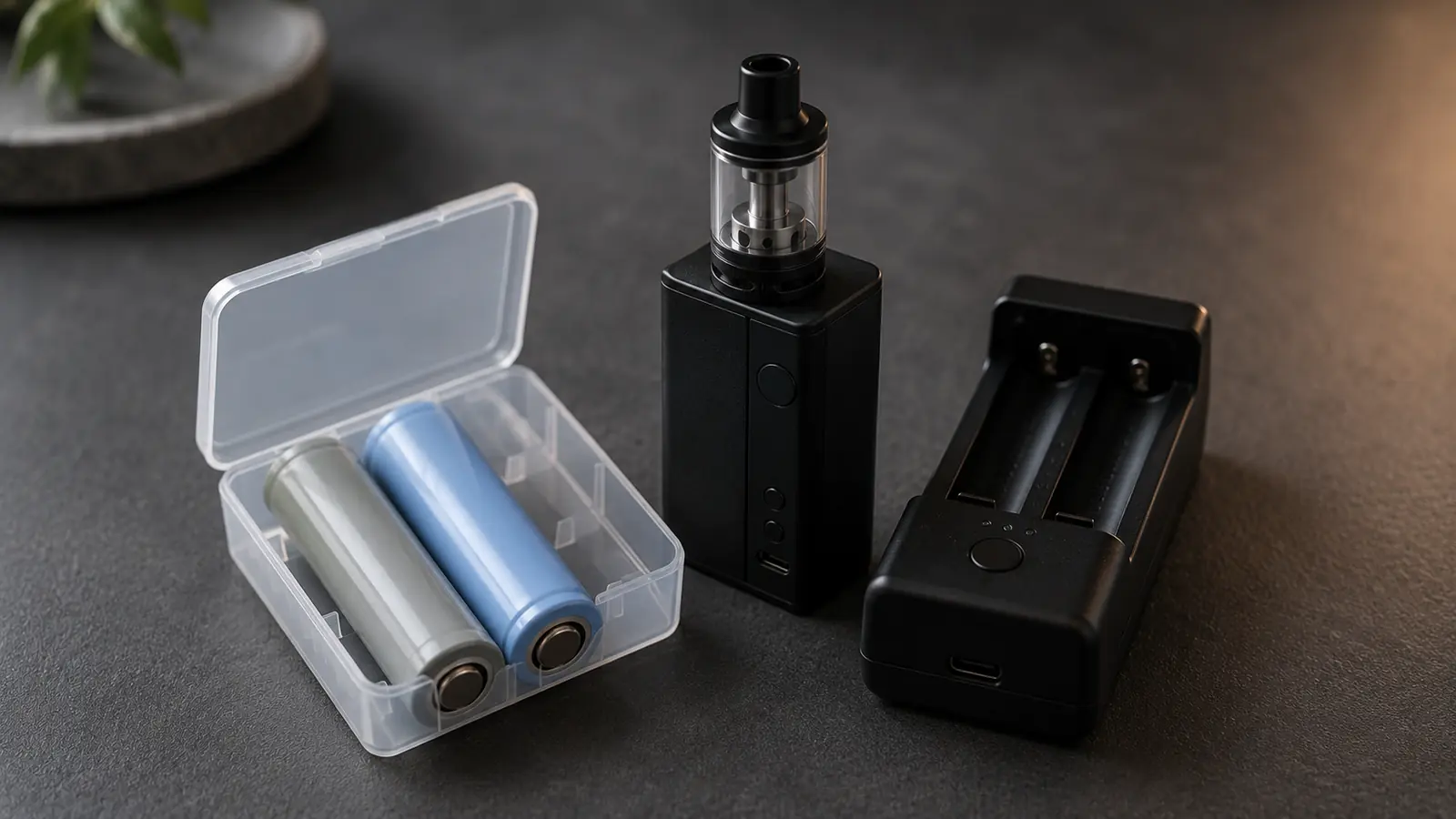 Zwei Akkuzellen in transparenter Schutzbox neben einem Box-Mod und einem externen Ladegerät